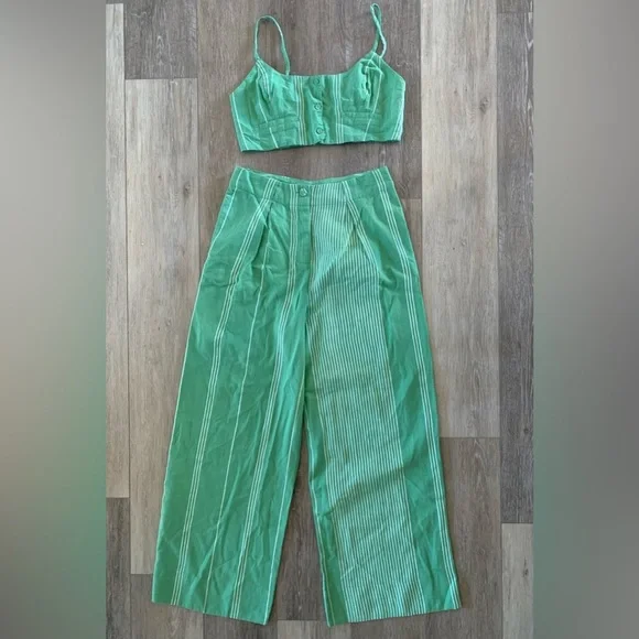 FREE PEOPLE SET Casual Friday Green Stripe Pants & Tank Top - Picture 5 of 16